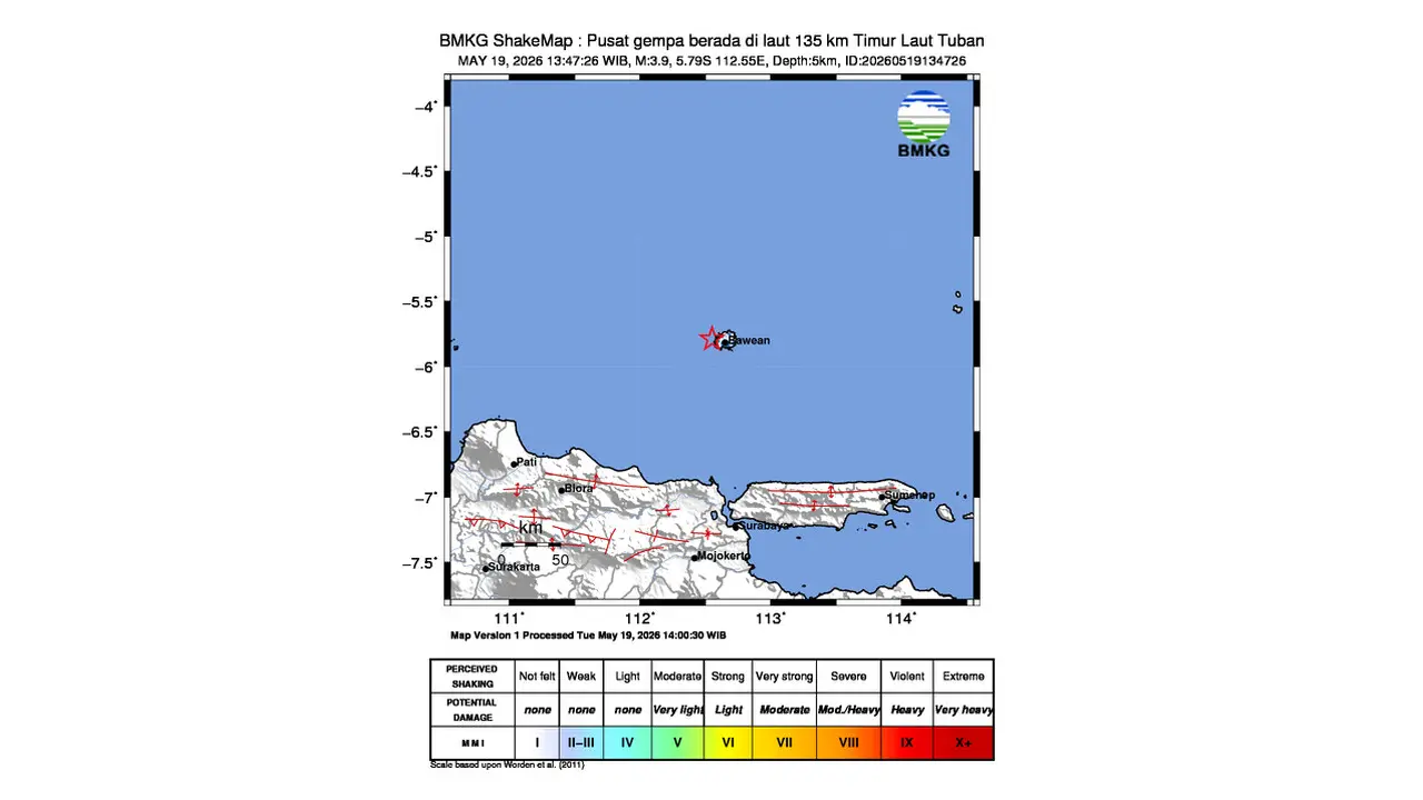 Gempa M 3,9 Guncang Timur Laut Tuban, Jawa Timur