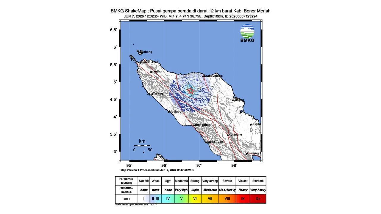 Gempa M 4,2 Guncang Barat Bener Meriah, Aceh