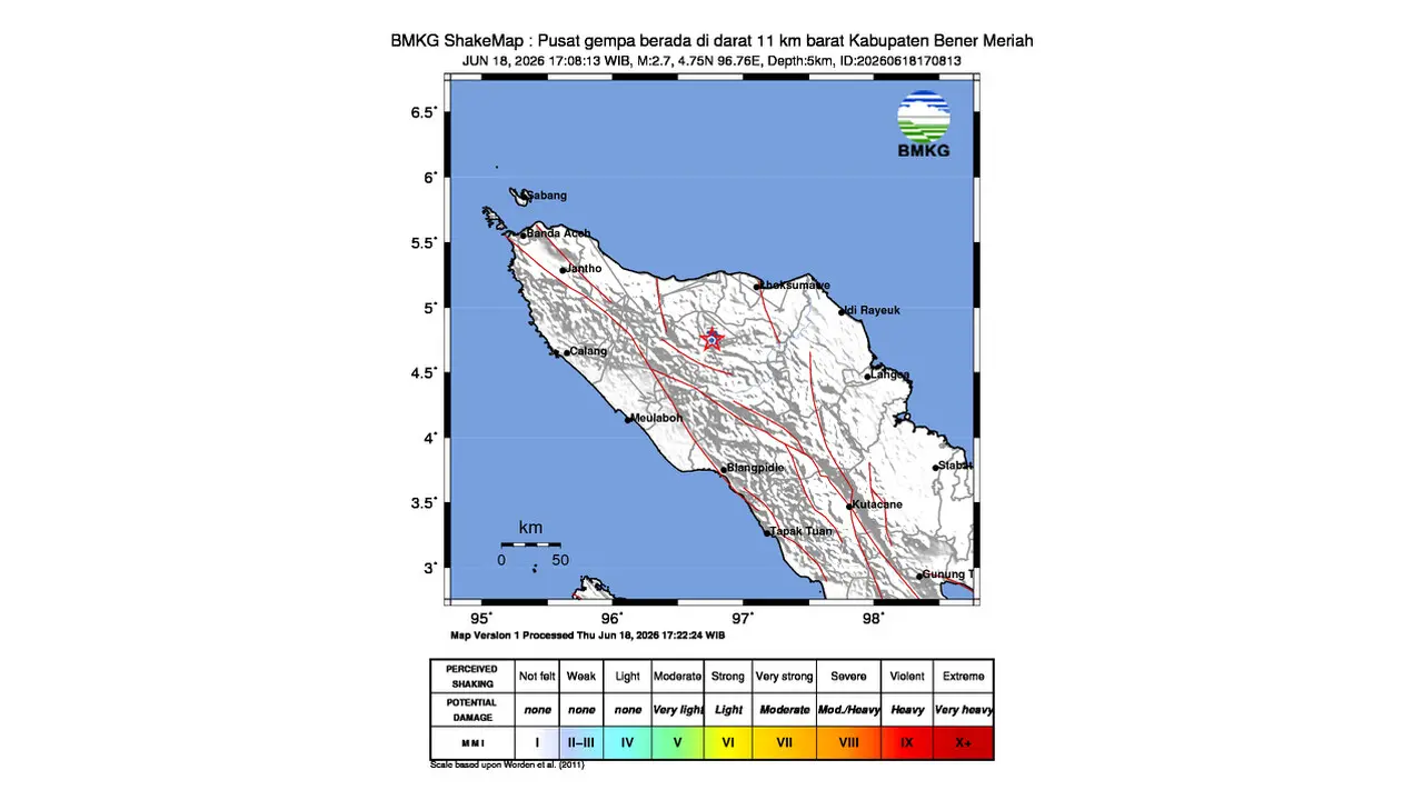 Gempa M 2,7 Guncang Darat 11 km Barat Bener Meriah, Aceh